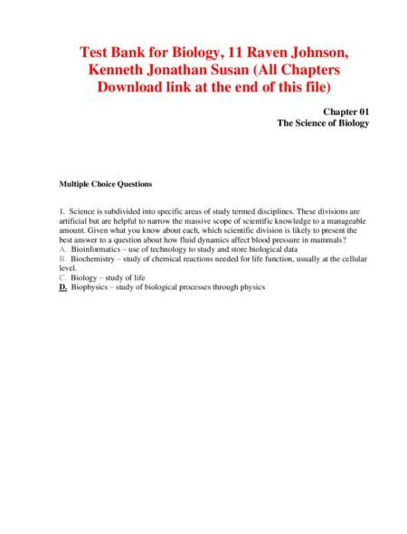 Test Bank for Biology, 11 Raven Johnson, Kenneth Jonathan Susan
